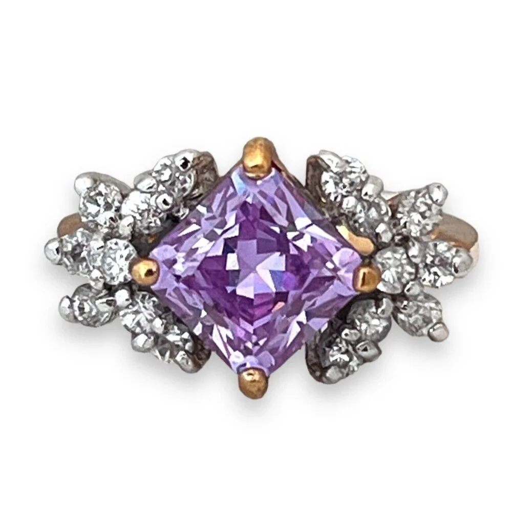 Vintage 1980s Lavender CZ Ring Size 7 Princess Cut 14KTGE Gold - 14F